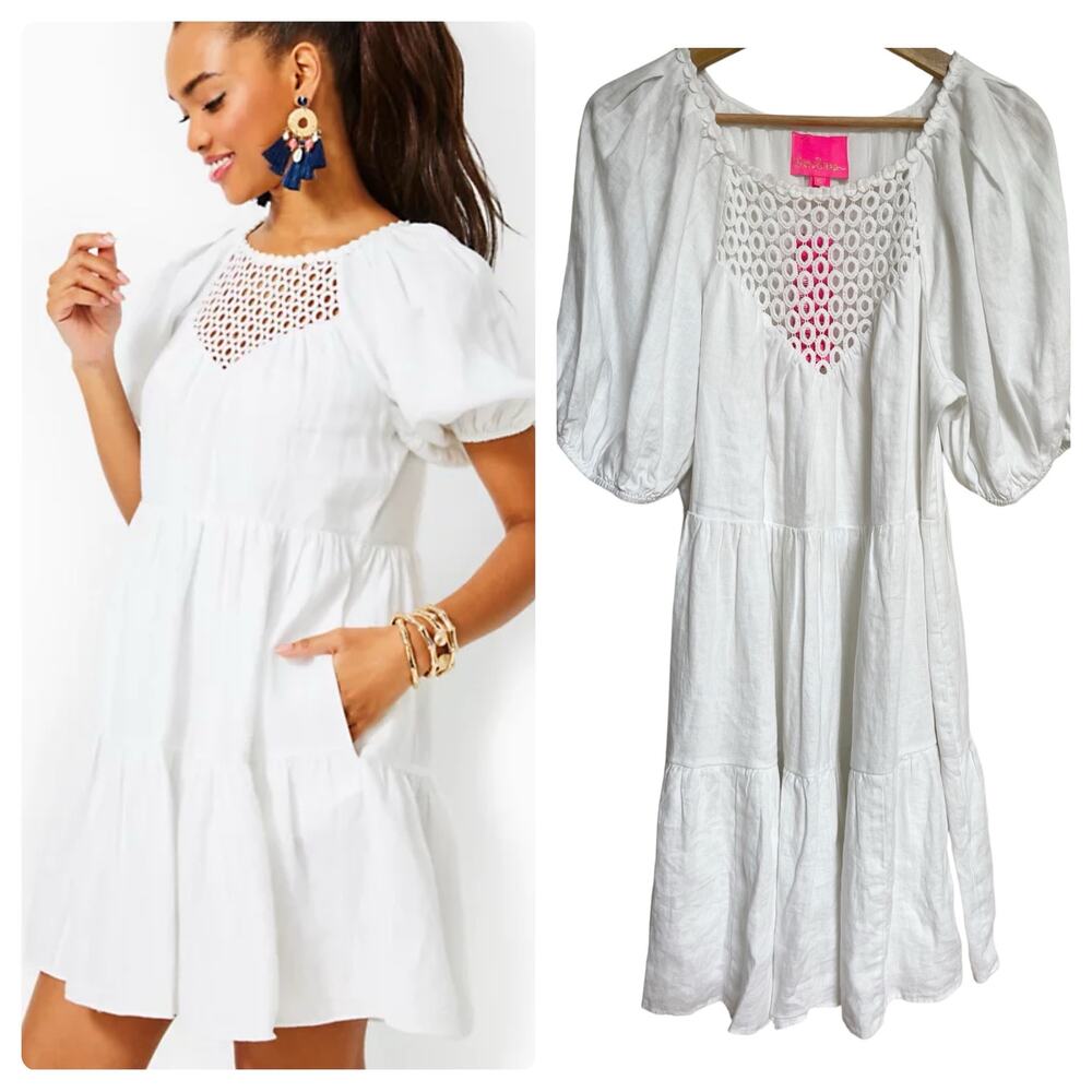Lilly Pulitzer Charlet White Linen Dress Boho Tiered Short Puff Sleeve Size 12